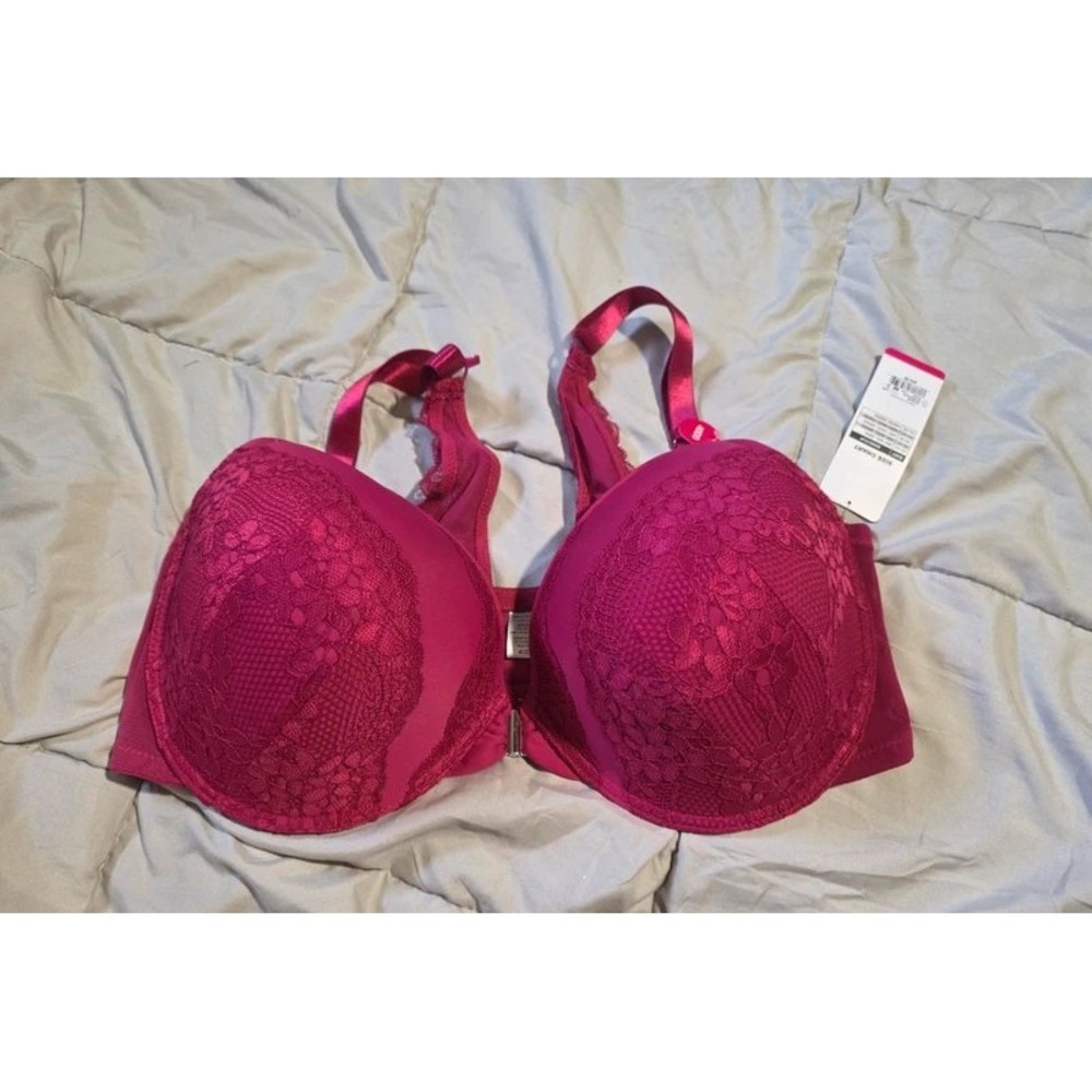 Ashley Stewart Fun & Flirty Front Close Lace Racerback Bra 40DD Sangria Pink New
